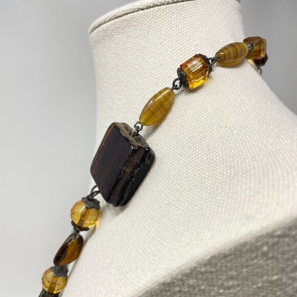Murano Glass Beaded Necklace Square Pendant Amber Brown Faceted - Picture 8 of 16